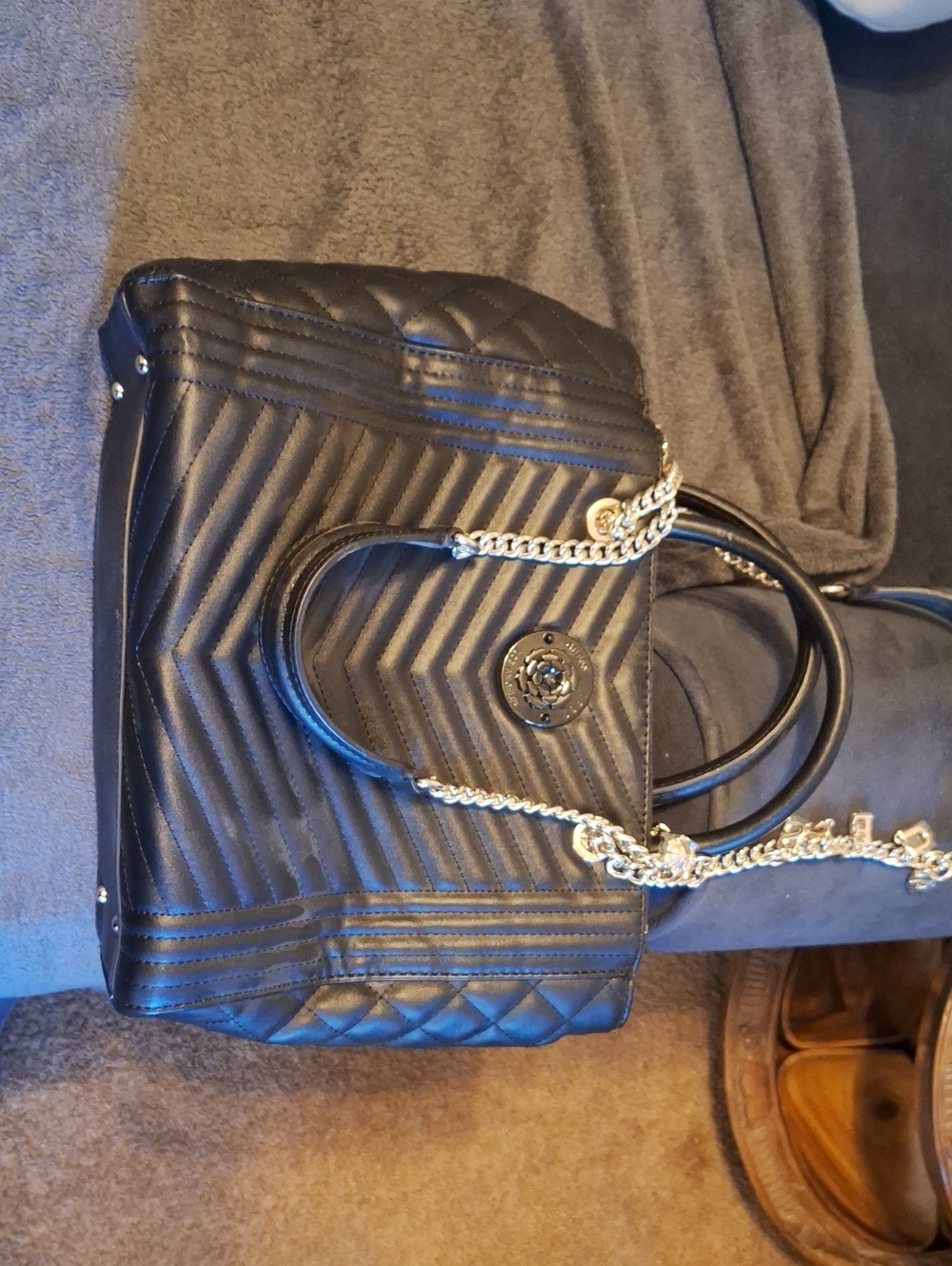 Guess Black Quilted Shoulder Bag with Gold Chain Handles